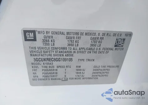 2016 Chevrolet Silverado 1500 1Lt из США, поврежденный, VIN 3GCUKREC8GG109105